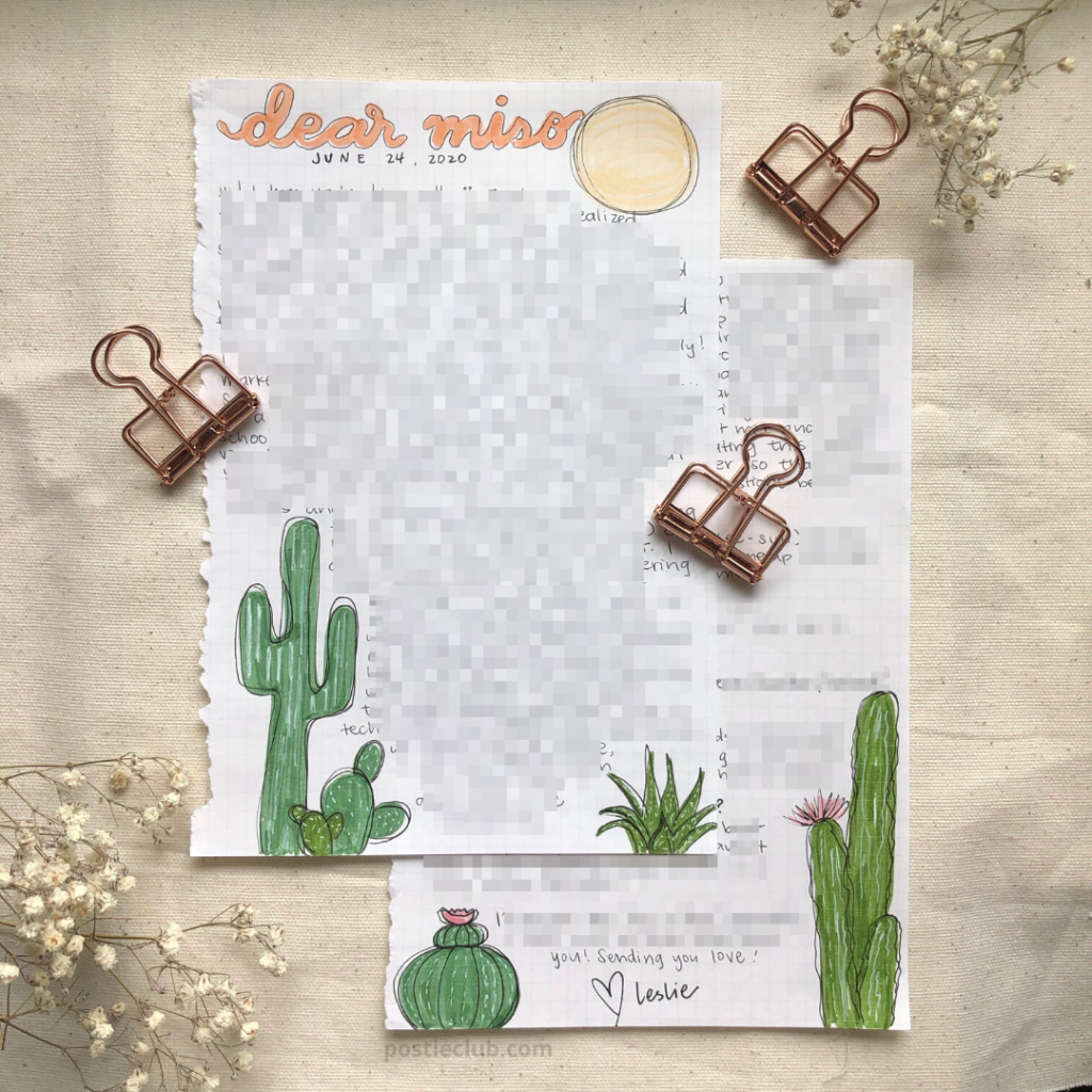flat lay of cactus/desert themed letter paper, binder clips, and flowers